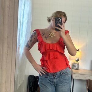 Vintage Y2K Club Monaco bright orange tinted red 100% silk cami empire waist
